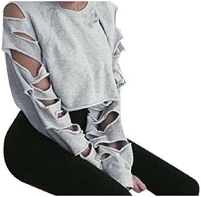 LoveSky Women Stylish Long Sleeve Cropped Ripped-Holes Tops Sweatshirts Gray Small