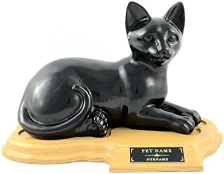 Faithful Feline Pet Cremation Urn with Wood Base and Custom Engraved Name Plaque for Cats (Black, Laying with Base)