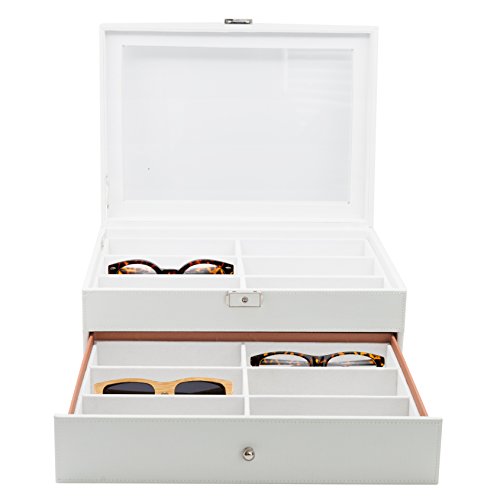 12 Piece Large White Leatherette Eyeglass Sunglass Two Level Glasses Display Case with Drawer Storage Box
