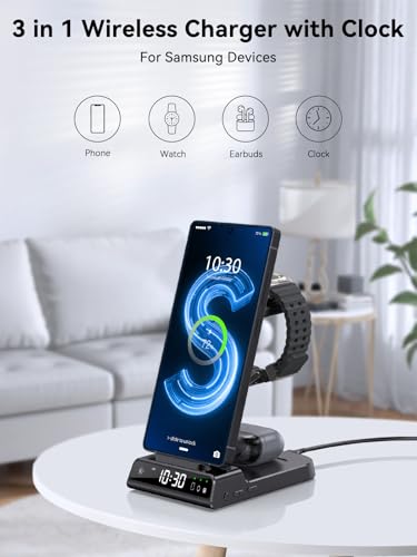 Wireless Charger for Samsung Charging Station with Clock for Samsung Galaxy S25 Ultra/S24 Ultra/Z Flip 7/Fold 6/Bud, 3 in 1 Android Charging Station, Watch Charger for Samsung Galaxy Watch 8/7/6/5Pro