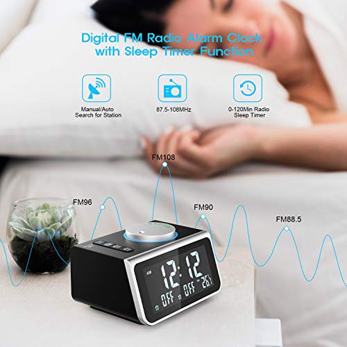 LATME-Alarm-Clock-Radio-for-Heavy-Sleepers W Dual Alarms,3.2'' Digital Display and Dimmer,7 Alarm Sounds,Snooze,2 USB Ports,Bedside FM Radio Clocks with Temp for Bedrooms/Kitchen/Office (Black-Grey)