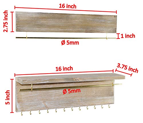 Spiretro Wall Mount Set of 2 Jewelry Organizer Holder Rack, Removable Golden Metal Bar Display Earrings Bracelets, Hooks Hang Necklaces Rings, Shelf Storage Accessories Ornaments, Rustic Torched Wood