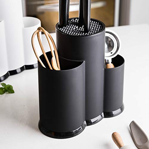 3-in-1 Kitchen Utensil Holder Set with Knife Block without Knives, Large Kitchen Tools Flatware Holder Organized Utensil Drying Cylinder, Black