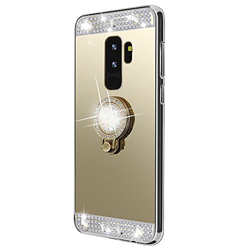 Galaxy S9 Plus Case,Lozeguyc Crystal Rhinestone Mirror Glass Case Bling Diamond Soft Rubber Makeup Case for Samsung Galaxy S9 Plus with Detachable 360 Degree Ring Stand--Gold