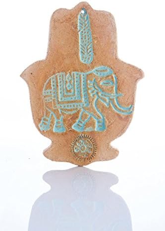 Handmade Ceramic elephant Hamsa Evil Eye hand Amulet Hanging Good Luck Wall Decor Blessing for Home, Gift For Rosh Hashana, size 8.5X6 inches