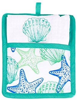 Sea Life Shell Pot Holder &amp; 18x28" Dish Towel Kitchen Gift Set (Aqua Blue)
