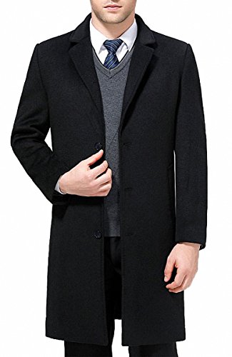 FASHINTY Men's Classical Style Single Breasted Long Dress Coat Wool Coat #00123 Black S