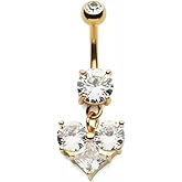 14GA Gold Plated 316L Stainless Steel Prong Set CZ Crystal Heart Dangling Belly Button Ring