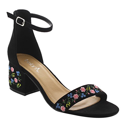 BETANI FK45 Women's Embroidered Buckled Ankle Strap Block Heel Sandals, Color:BLACK, Size:8.5