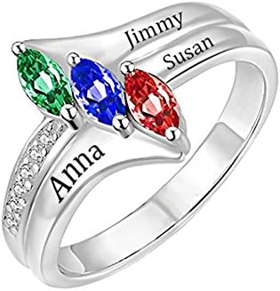 Sterling Silver Personalized Rings with Birthstones Choose 3 Birthstones 3 Names Customized Family Mothers Ring(silver 12.5)