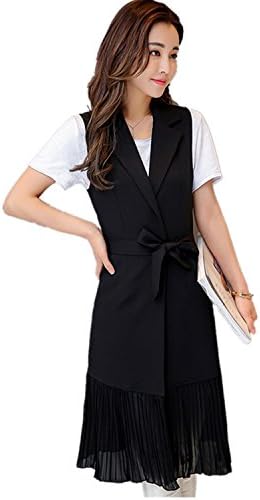 MRxcff Ruffles Long Vests Female Pocket Bow Strap Waistcoat For Women Black Slim Sleeveless Vest Coat3Xl