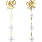 Reffeer Solid 925 Sterling Silver Pearl Chain Dangle Earrings Drops for Women Bow Drop Earrings Studs (B-18K Gold)