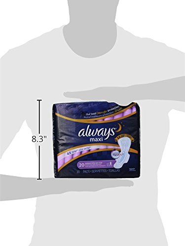 Always Maxi Size 5 Feminine Overnight Pads with Wings, Super Absorbency, Unscented, 20 Count (Packaging May Vary)