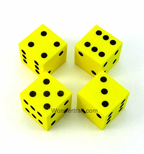 WKP10935E4 Yellow Foam Dice with Black Pips D6 25mm (1in) Pack of 4 Dice Koplow Games