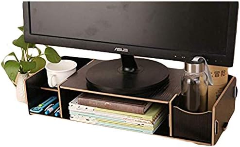 Office Desktop Monitor Stand Multi-Functional Wooden Desk Tidy Organiser Laptop Computer Screen Riser Shelf Expandable Pen Pot Pencil Holder Stationery Storage Box for Home Office Supplies (Black) - Image 3