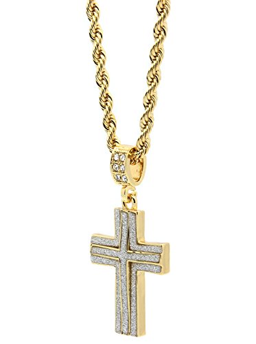 Mens 14k Gold Plated Stardust Two Cross Thick Pendant Hip-Hop 4mm 24