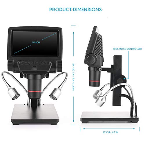 LCD Digital Microscope 5 in HD Screen High Magnification Camera Video Recorder, 8 LED 2 Fill Lights, with Remote Control, Compatible with Windows XP/7/8/10