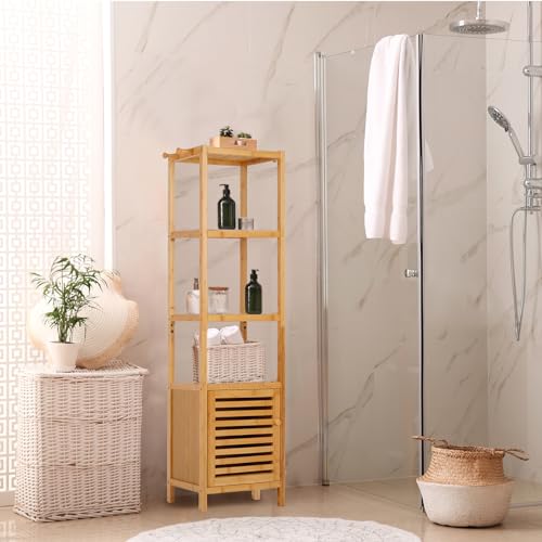 medla Bamboo Bathroom Storage Floor Cabinet: 4 Tiers Multifunctional Floor Shelving Unit Bathroom Floor Cabinet Natural Floor Shelf Free Standing Tower Corner Rack for itchen Living Room Bedroom