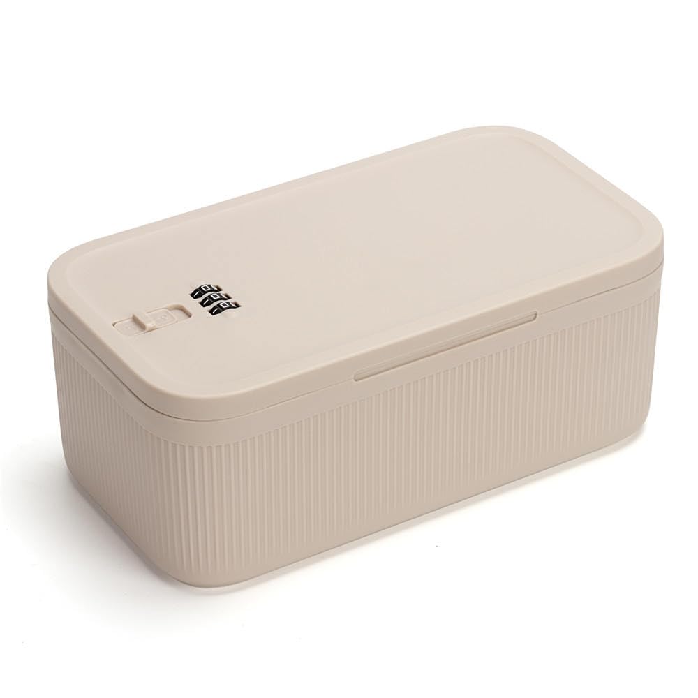 Photo 1 of Lockable Storage Box,Medicine Lock Box Travel Case,Refrigerator Bin Container for Food,Medicines,Snacks,Locking Mobile Cell Phone Device Jail,Small Lockbox for Office,Home,School,Father Gift (Cream)