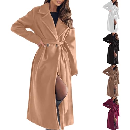 tacniseyw Long Trench Coats For Women Wool Blend Pea Coat Lapel Collar Warm Winter Overcoat Slim Belted Trench Coats Ladies Lightweight Windproof Fall Jackets Long Sleeve Outwear Shacket Plus Size