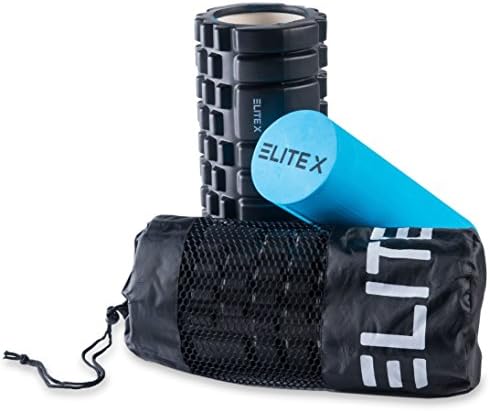 Elite X 2 in 1 Combo Foam Massage Roller, Trigger Point Deep Tissue Massage, Great for Muscle Cramps or Back Pain, comes with Nylon &amp; Mesh Carrying Bag with a Shoulder Harness by (Blue/Black)