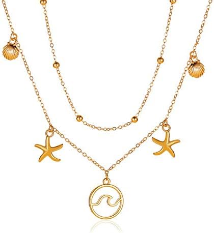 NancyMissY ビーチウィンドネックレスボヘミアンダブルペンダントウェーブスターフィッシュネックレスシェル鎖骨チェーンロングネックレス女性ジュエリー