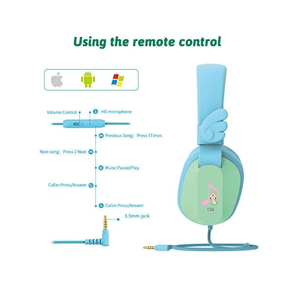 Kids-Headphones-Riwbox-CS6-Lightweight-Foldable-Stereo-Headphones-Over-Ear-Corded-Headset-Sharing-Function-with-Mic-and-Volume-Control-Compatible-with-iPadiPhonePCKindleTablet-BlueGreen Kids Headphones, Riwbox CS6 Lightweight Foldable Stereo Headphones Over Ear Corded Headset Sharing Function with Mic and…