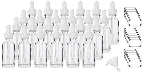 1 oz Clear Glass Boston Round White Dropper Bottle (24 Pack) + Funnel and Labels for Essential Oils, Aromatherapy, e-Liquid, Food Grade, bpa Free