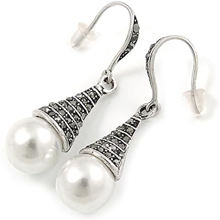 Marcasite Hematite Crystal Faux Pearl Drop Earrings In Silver Tone - 45mm L, dark grey, silver, white / ivory - Image 5