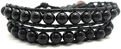 Black Onyx Double Wrap Leather Cuff Bracelet