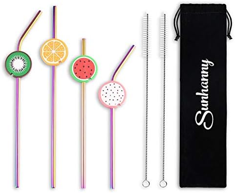 Sunhanny Set of 4 Stainless Steel Straws with Silicone Straws Maintainer,Rainbow Multi-Colored Straws for 30oz 20oz Tumblers Cups Mugs,Reusable Metal Drinking Straws with Cleaning Brush&Straws Holder