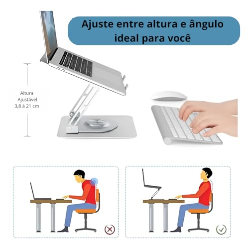 Suporte para Notebook e Laptop de até 17" MTS, Tablets e Celulares, Aço Carbono, Ajustável, Dobrável, Base Giratória 360° e Aberto para Ventilação, Suporta até 10kgs, Ergonômico Portátil (Branco)