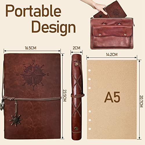 A5 PU Leather Notebook with Kraft Paper Refillable Vintage Refillable for Notebook Travel Journal, Bound Beautiful Travel Diary Ring Binder Sketchbook Vintage Notebook (A5 Brown)