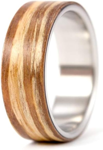 Men's titanium and bentwood ring. Natural and unique wooden zebra wedding band. Water resistant, very durable and hypoallergenic (00504_7N)