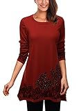 DJT Women's Scoop Neck Long Sleeve Stretchy Irregular Hem Casual Blouse,Wine Red,One Size