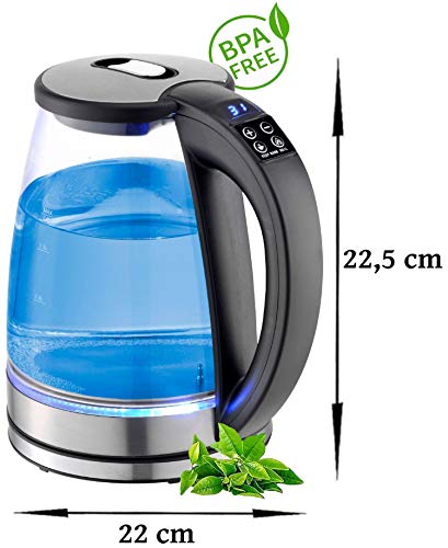 Glas Wasserkocher 1,8 Liter | 2200 Watt | Edelstahl mit Temperaturwahl | Teekocher | 100% BPA FREI | Warmhaltefunktion | LED Beleuchtung im Farbwechsel | Temperatureinstellung (40°C-100°C) – Bild 6