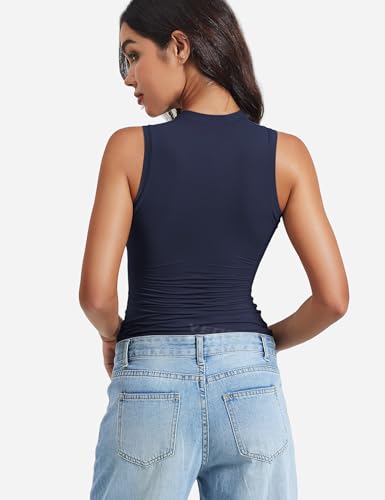 YEOREO Women Basic Mock Neck Workout Crop Top Sleeveless Double Lined Tank Tee Slim Fitted Ruched Going Out Camisole