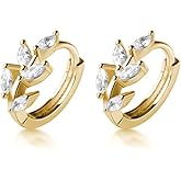 Reffeer Solid 925 Sterling Silver CZ Leaf Hoop Earrings Huggie for Women Teen Girls Leaf Cartilage Hoop Earrings Helix Earrings