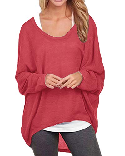 ZANZEA Women's Long Batwing Sleeve Loose Oversize Pullover Sweater Top Blouse Red US 12/Tag Size XL