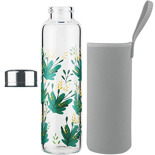 Reeho Borosilicate Glass Water Bottle, Sports Glass Drinking Bottle With Neoprene Sleeve And Stainless Steel Lid 16oz / 32oz