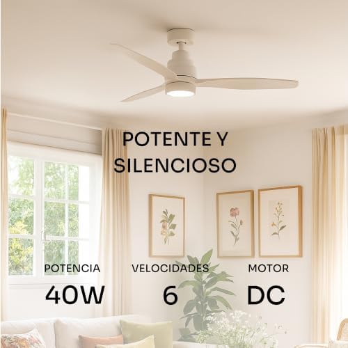 - Ventilador de Techo con Mando a Distancia Brizy Bright | 30 W | 6 Velocidades | Ultra silencioso | 3 Aspas 132 de Diámetro | Función Verano-Invierno | Temporizador | LED | White