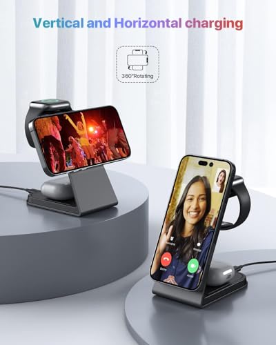 3 in 1 Wireless Charging Station for MagSafe,Aluminum Alloy Magnetic Wireless Charger,15W Fast for MagSafe Charger Stand Compatible with iPhone 17/16/15/14/13,for Apple Watch,for AirPods