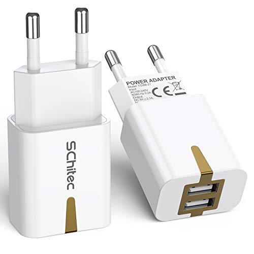 SCHITEC Caricatore USB, Caricatore USB da Muro 2 Pack 2 Porte 5V/2.1A Caricabatterie USB Presa USB Compatibile per…