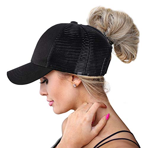 High Ponytail Hole Baseball Hats Cap for Women,Messy Bun Ponycaps Adjustable Cotton and Mesh Trucker Baseball Sun Cap Black (Classic(Mesh)-Black)