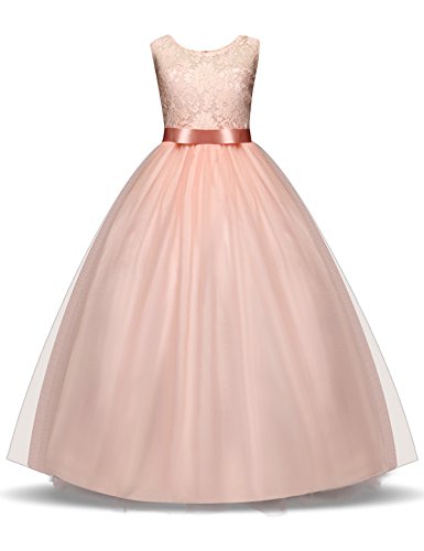 NNJXD Girl Lace Sleeveless Flower Party Tutu Princess Tulle Dress Size (170) 13-14 Years Pink