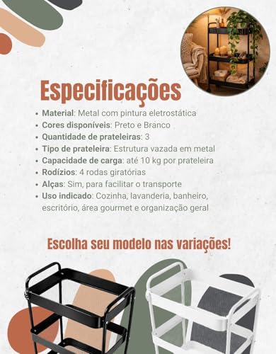 Carrinho Multiuso Organizador 3 Prateleiras em Metal com Rodinhas para Cozinha, Banheiro, Lavanderia e Escritório (Preto)