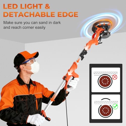 Electric Drywall Sander with Vacuum Dust Collection, 1000W Popcorn Ceiling Removal Tool, 1000-2100RPM 5 Variable Speed, LED Light, Foldable & Extendable Wall Sander with 12 Sanding Discs