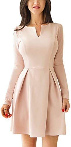 Lucklovell Women Sexy Long Sleeve V Neck Pleated Skater Dress ((US 4-6)S)