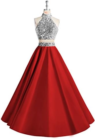 MsJune Women Two Piece Prom Dress Beaded Long Party Gowns Evening Dresses Red 2