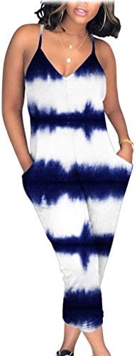 Mitiy Women's Spaghetti Strap V Neck Striped Print Split Beam Foot Pants Jumpsuit Rompers